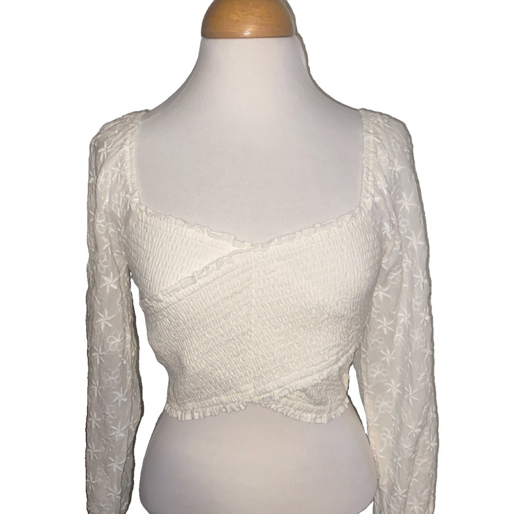 American Eagle Ivory Ruched Crop Top Boho Style Long Sleeve Jr Miss SZ M